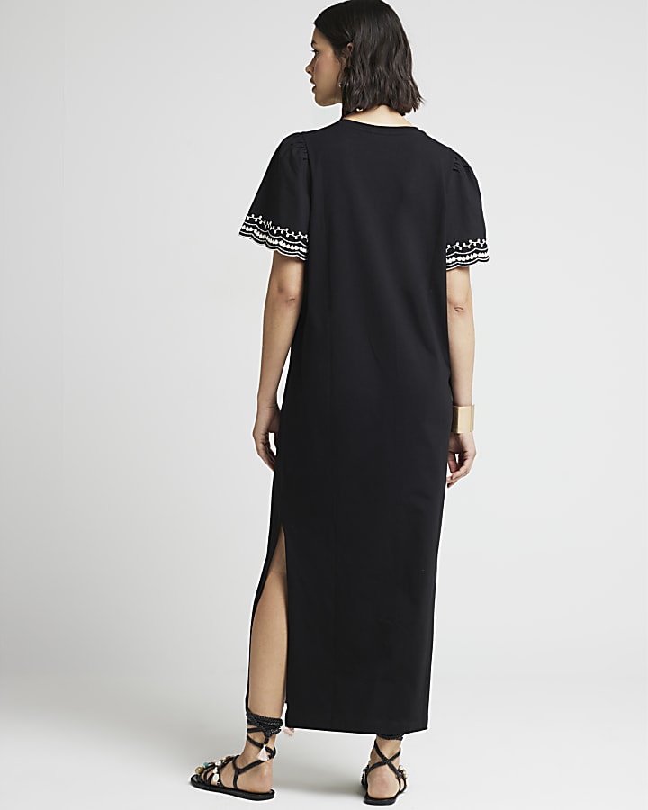 Black embroidered sleeve t-shirt midi dress