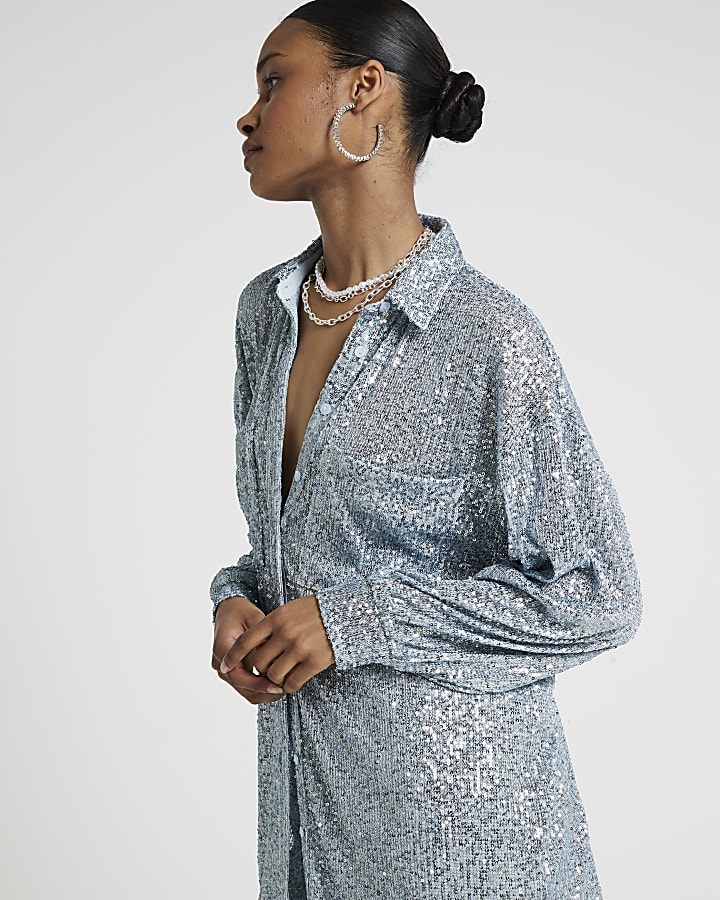 Blue sequin oversized long sleeve shirt