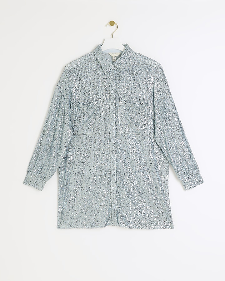 Blue sequin oversized long sleeve shirt