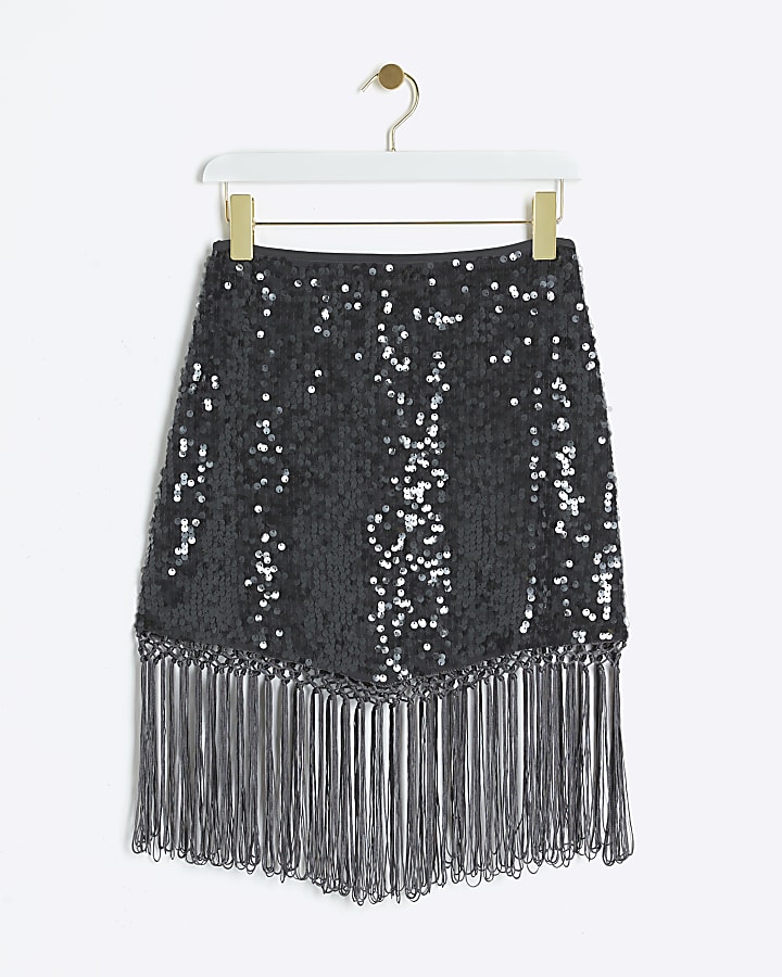 Black sequin fringe mini skirt