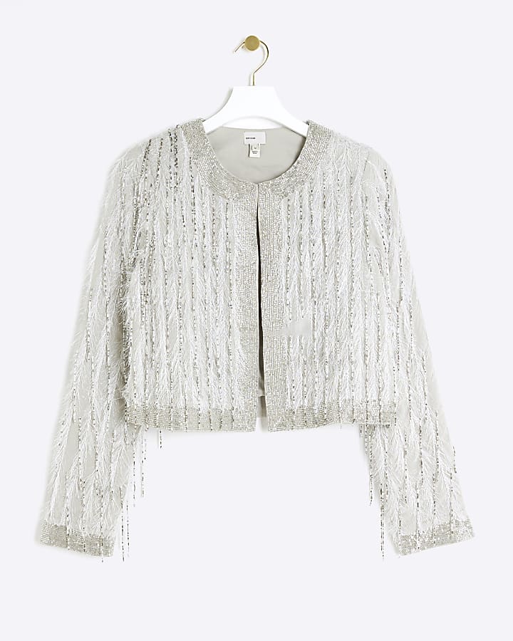 White faux feather embellished trophy jacket