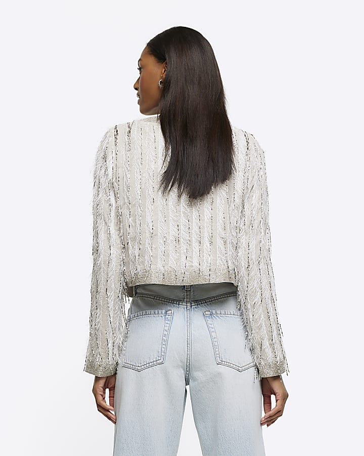 White faux feather embellished trophy jacket