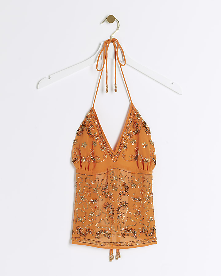 Orange sequin embellished cami top