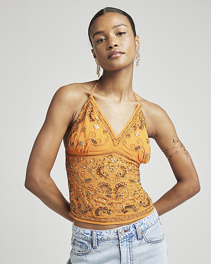 Orange sequin embellished cami top