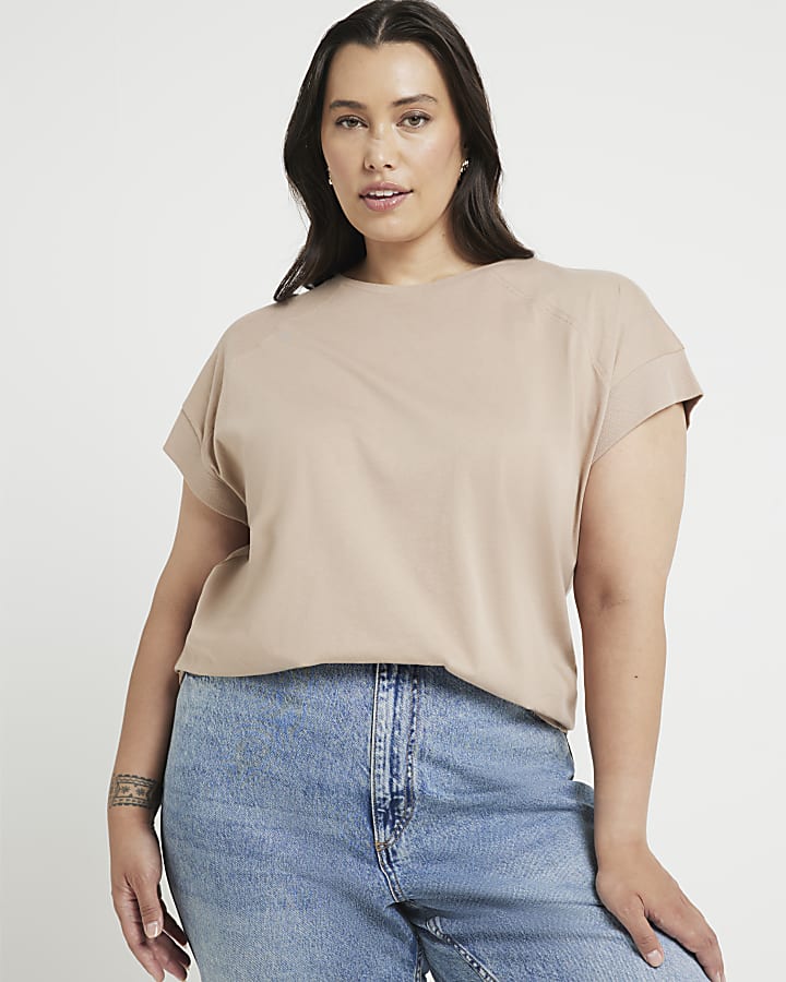 Plus beige ribbed cuffed t-shirt