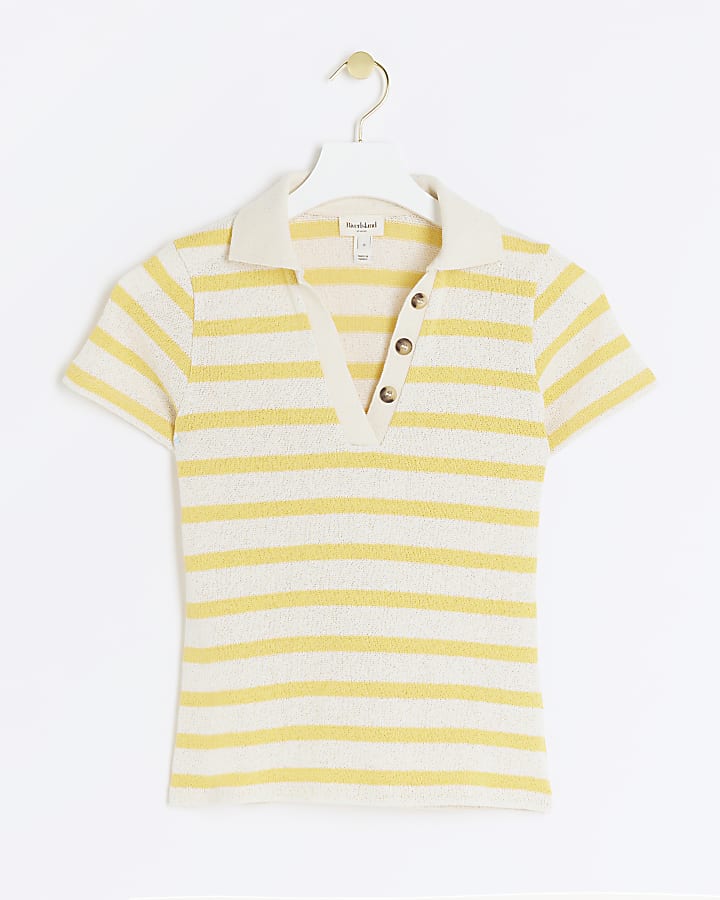 Yellow crochet stripe polo t-shirt