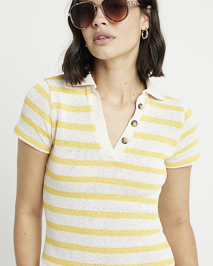 Yellow crochet stripe polo t-shirt