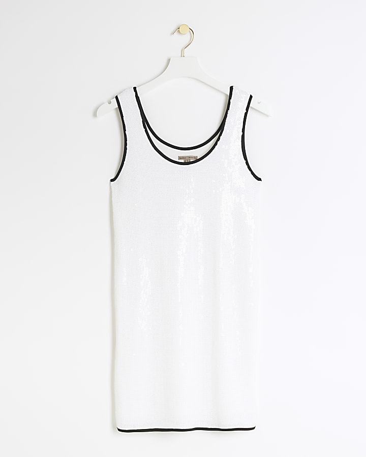 White sequin taped slip mini dress
