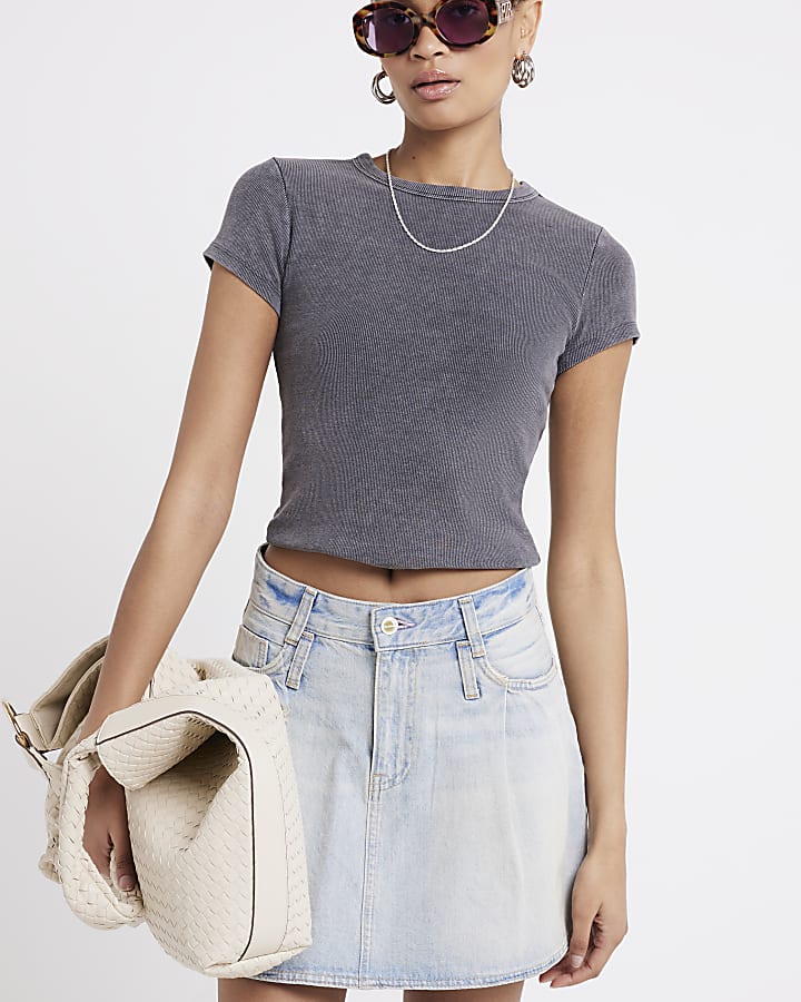 Grey Ribbed Washed Cropped T-Shirt