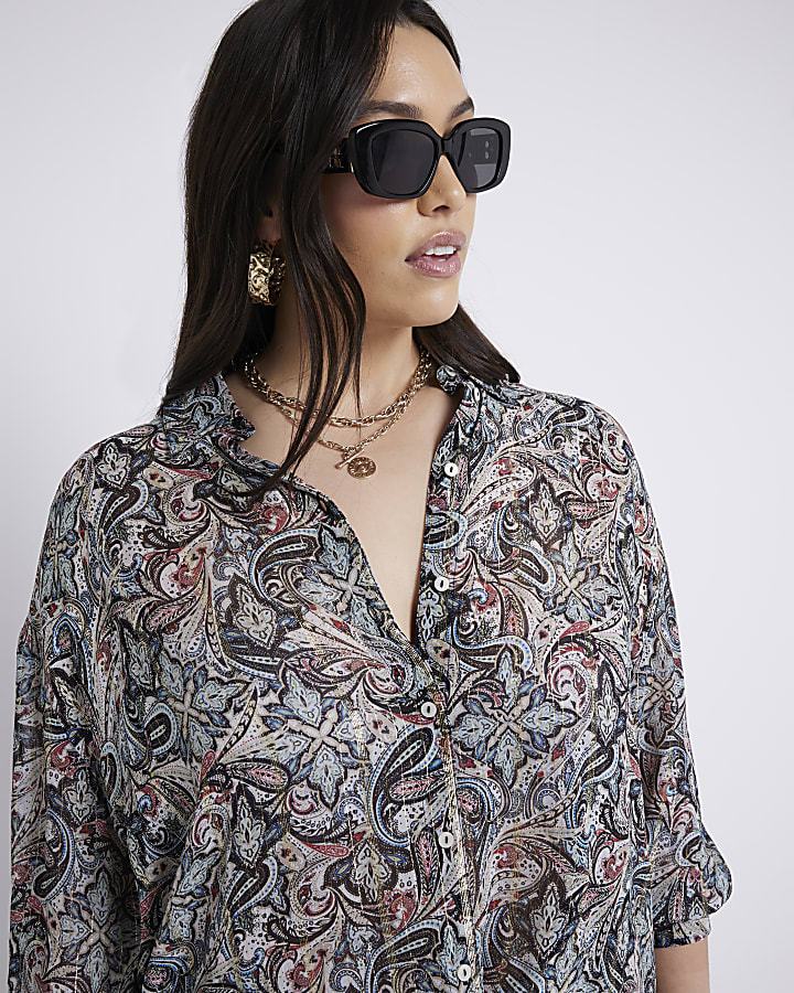 Plus beige paisley metallic shirt