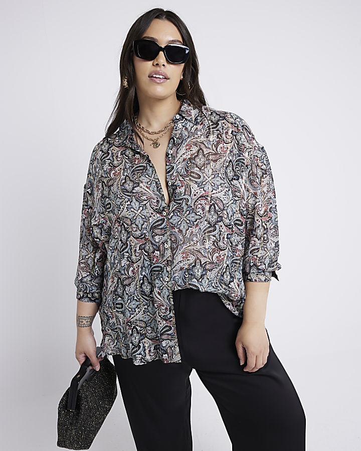 Plus beige paisley metallic shirt