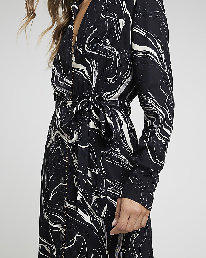 Black marble belted midi shirt dress