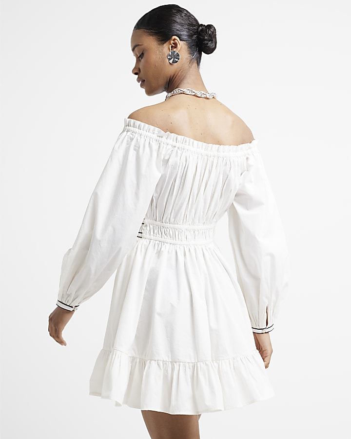 Cream ruched bardot swing mini dress