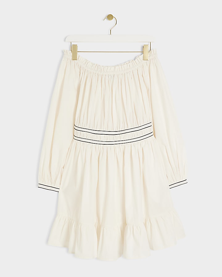 Cream ruched bardot swing mini dress