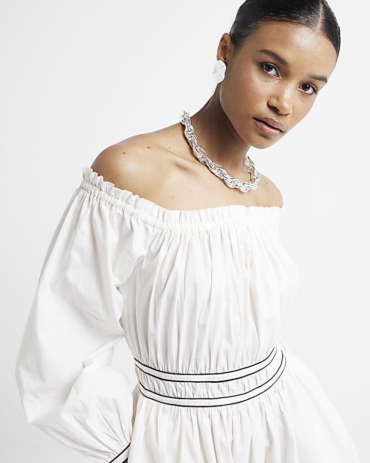 Cream ruched bardot swing mini dress