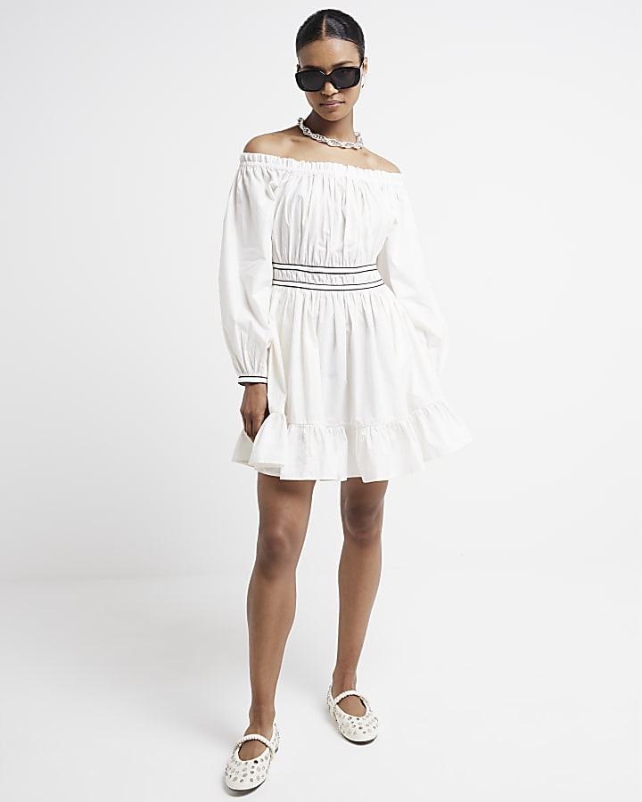 Cream ruched bardot swing mini dress
