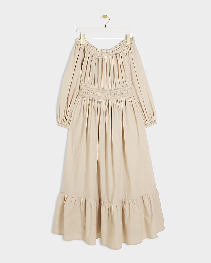 Beige ruched bardot swing midi dress