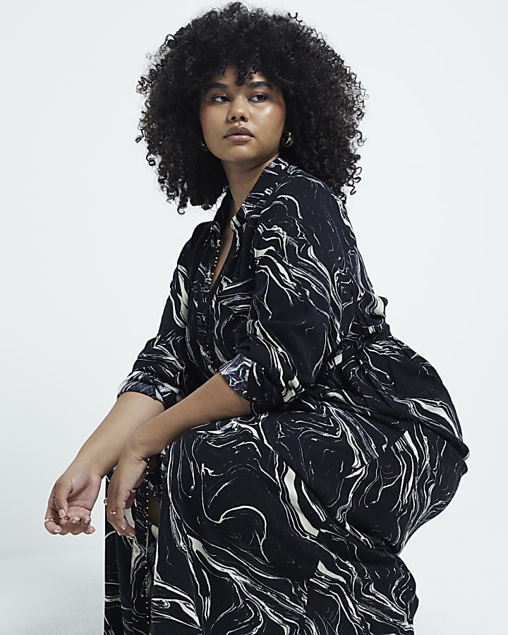 Plus black marble belted midi shirt dress