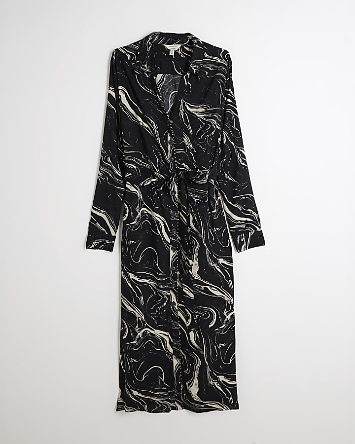 Plus black marble belted midi shirt dress