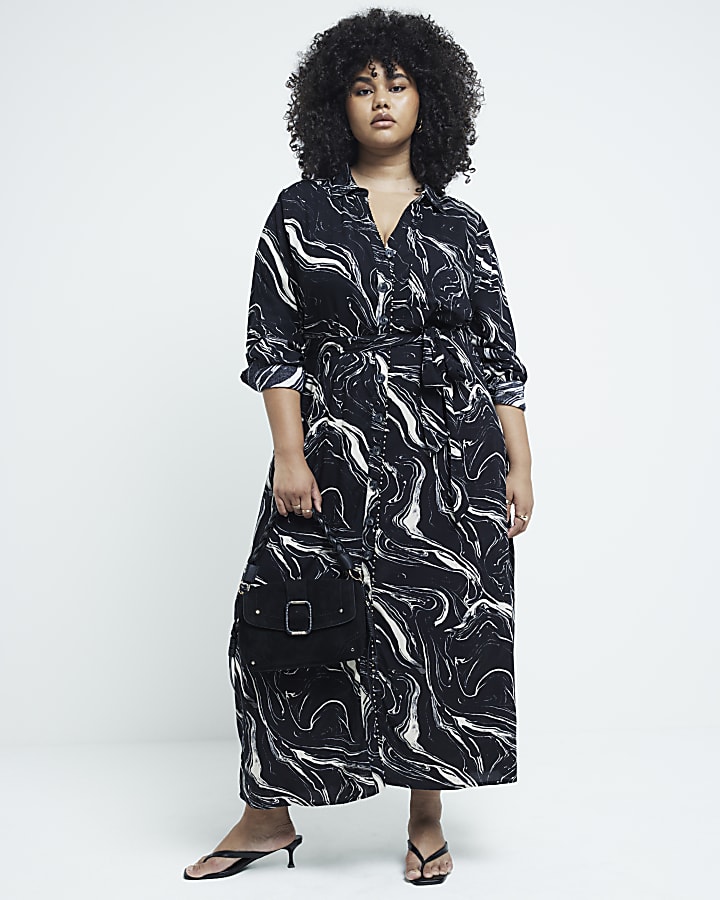 Plus black marble belted midi shirt dress