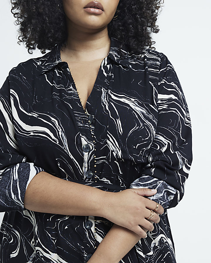 Plus black marble belted midi shirt dress