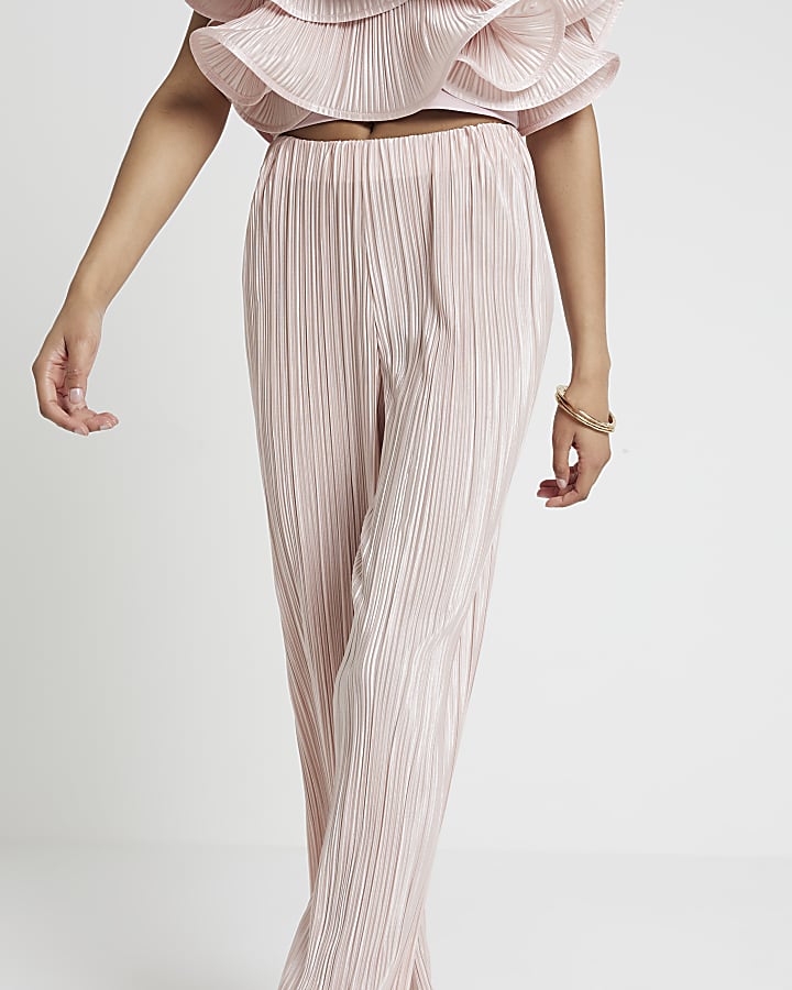 Pink Plisse Wide Leg Trousers