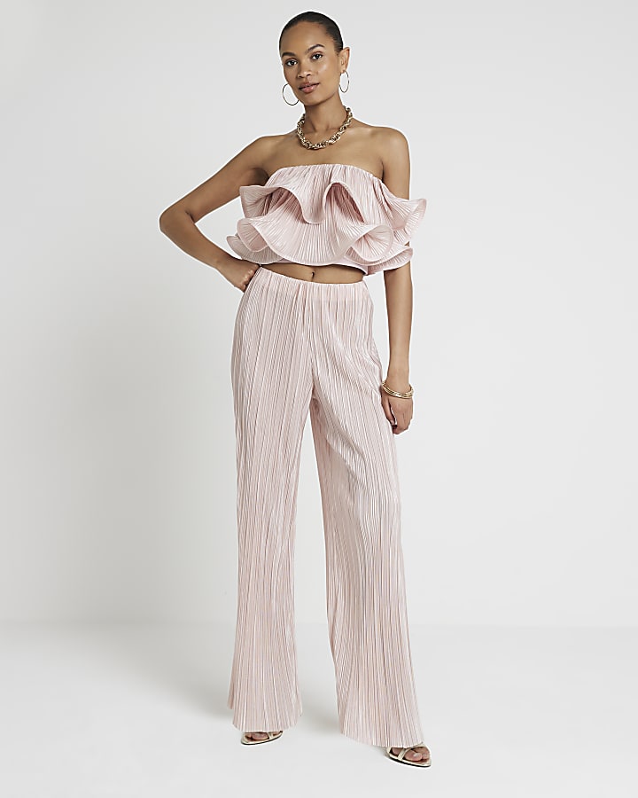 Pink Plisse Wide Leg Trousers