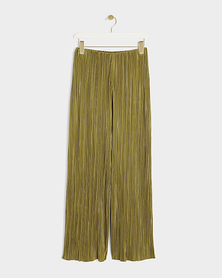 Khaki Plisse Wide Leg Trousers