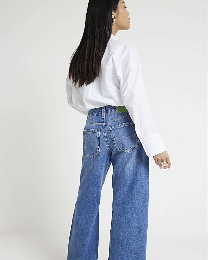 Petite Blue Mid Rise Baggy Wide Leg Jeans