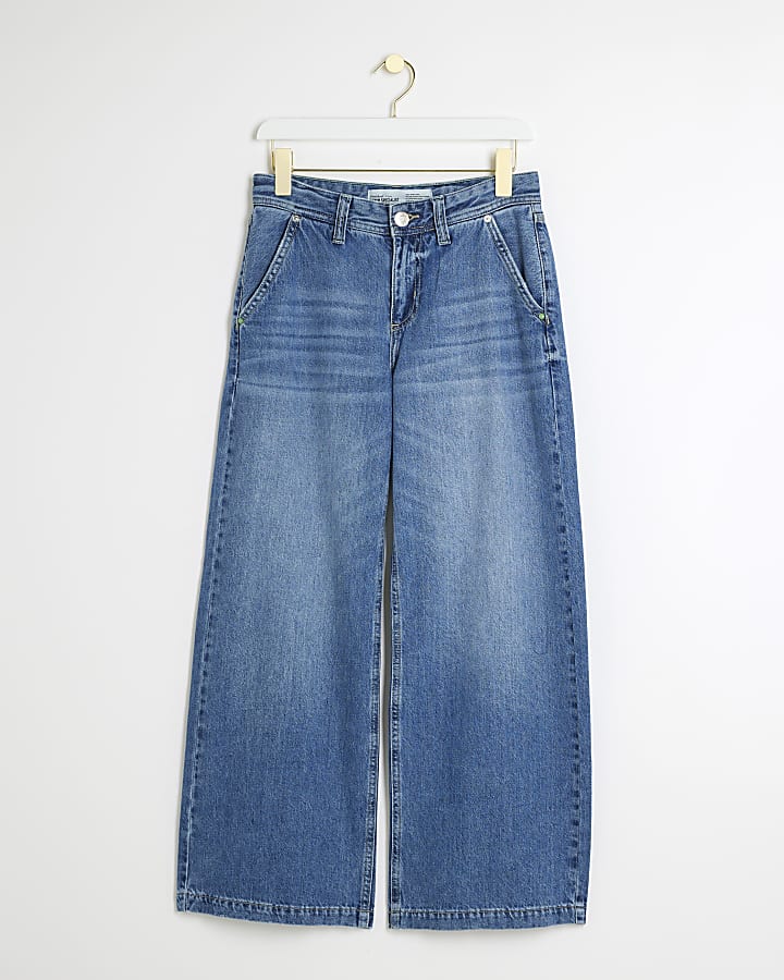 Petite Blue Mid Rise Baggy Wide Leg Jeans