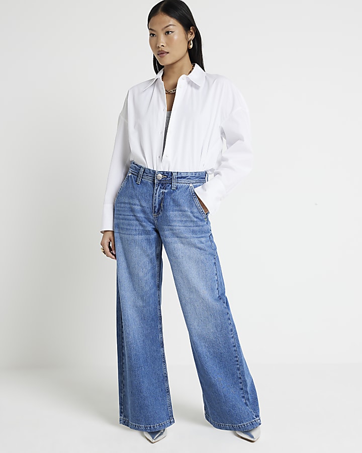 Petite Blue Mid Rise Baggy Wide Leg Jeans