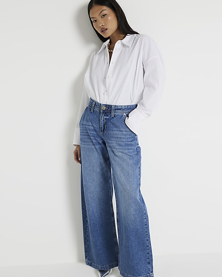 Petite Blue Mid Rise Baggy Wide Leg Jeans