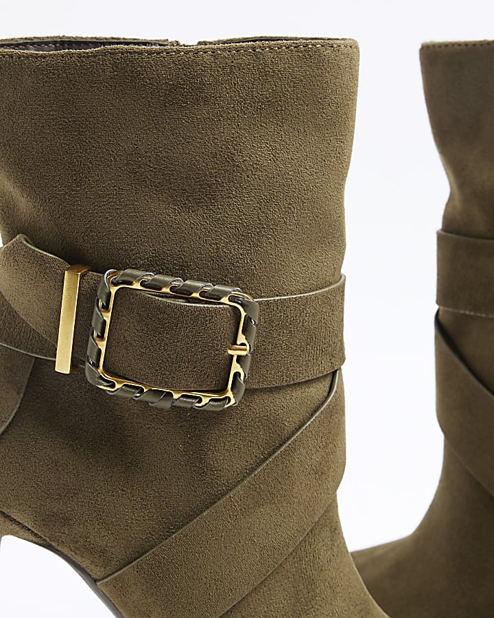 Khaki Woven Buckle Heeled Boot