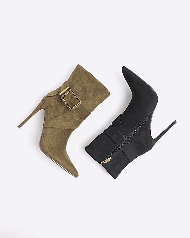 Khaki Woven Buckle Heeled Boot