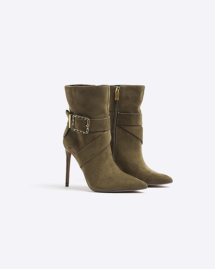 Khaki Woven Buckle Heeled Boot