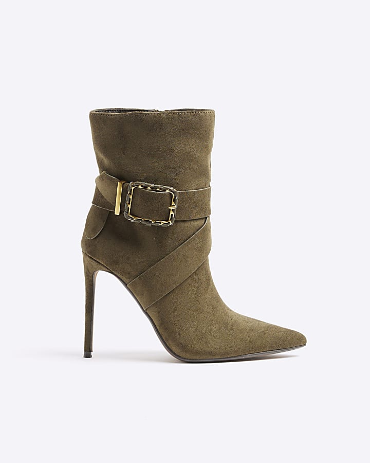 Khaki Woven Buckle Heeled Boot