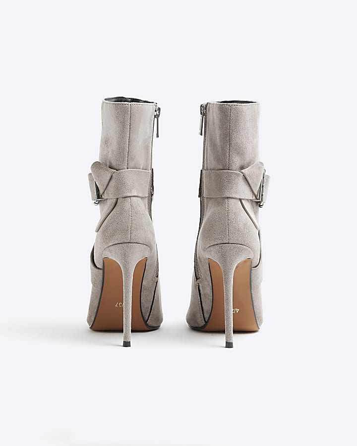 Grey Woven Buckle Heeled Boot