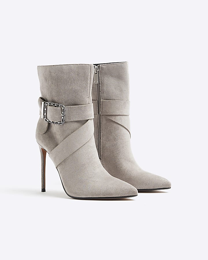 Grey Woven Buckle Heeled Boot