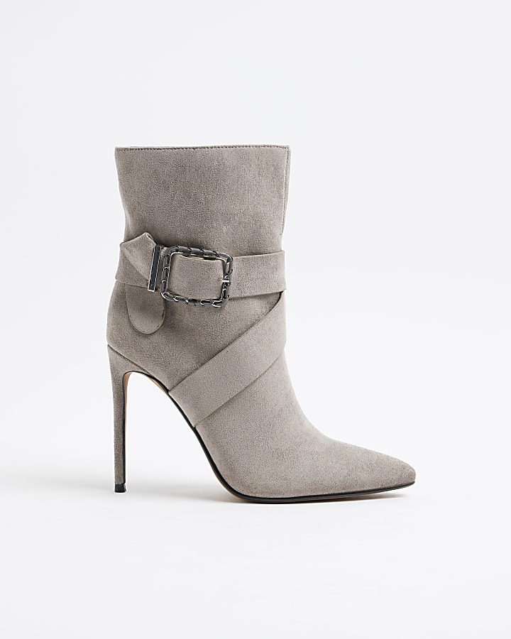 Grey Woven Buckle Heeled Boot