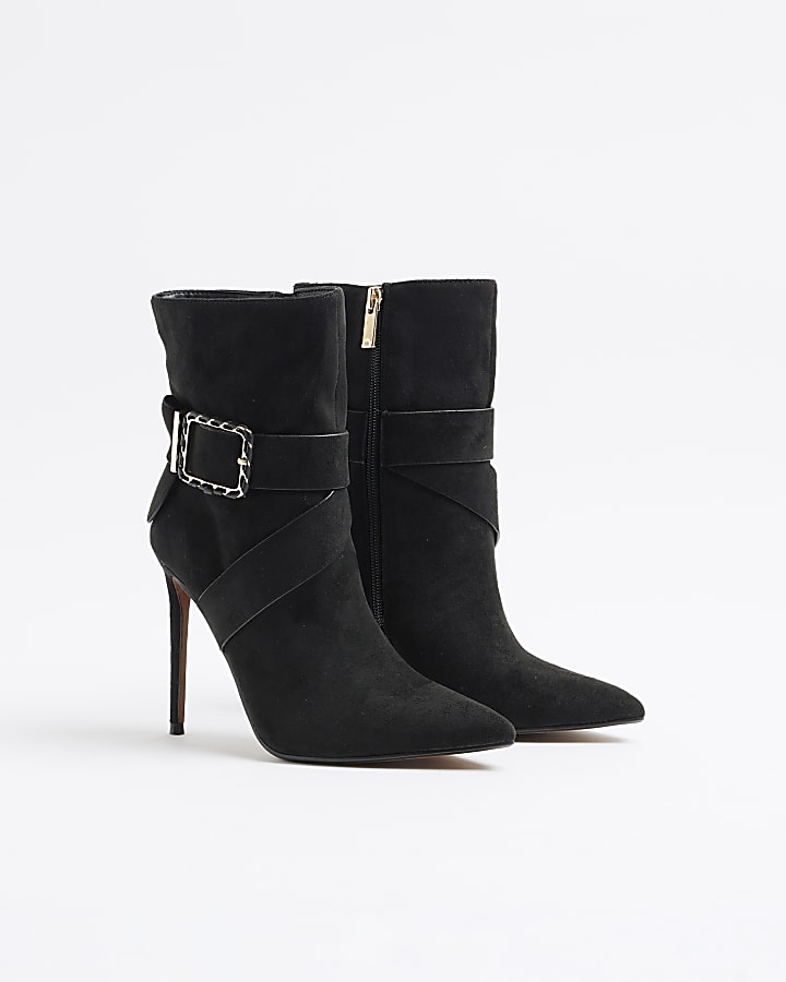 Black Woven Buckle Heeled Boot