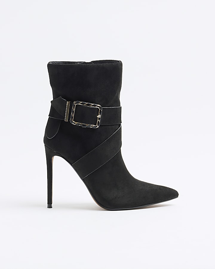 Black Woven Buckle Heeled Boot