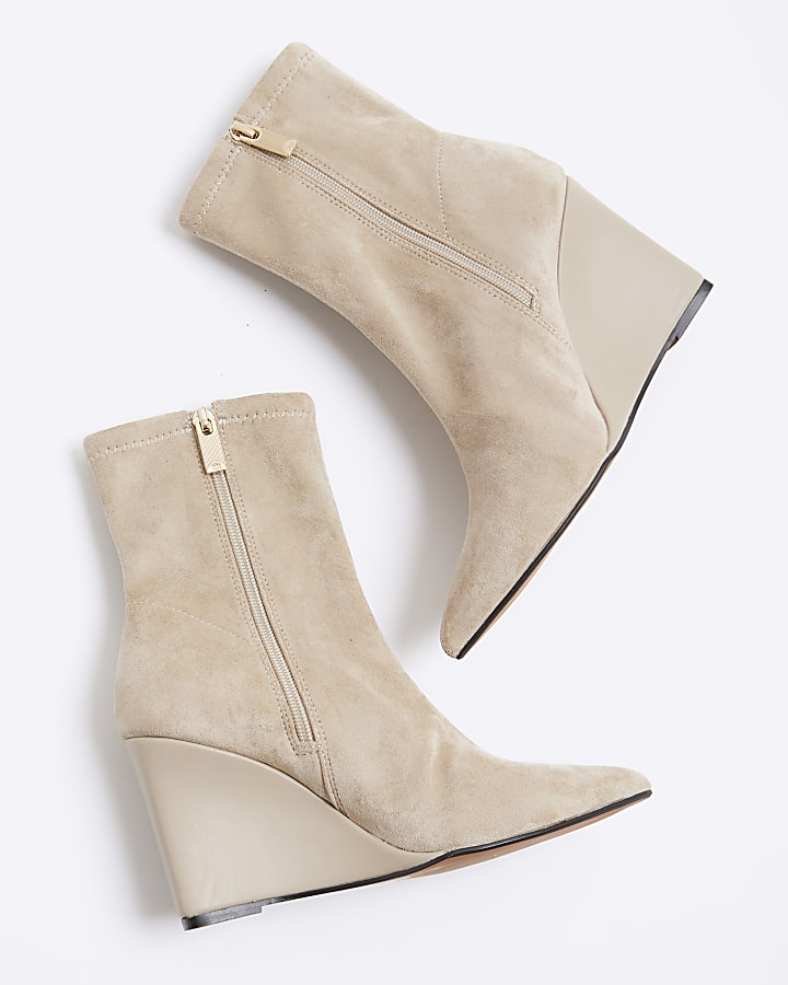 Beige suedette wedge heeled ankle boots