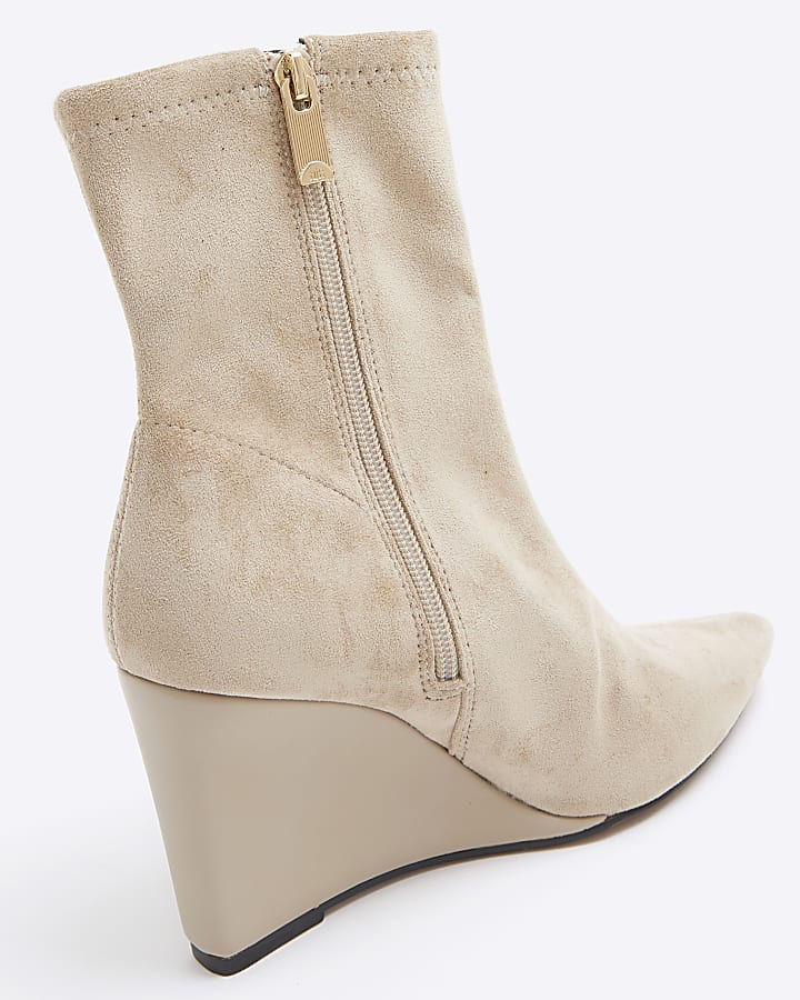 Beige suedette wedge heeled ankle boots