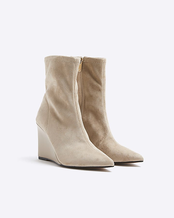 Beige suedette wedge heeled ankle boots