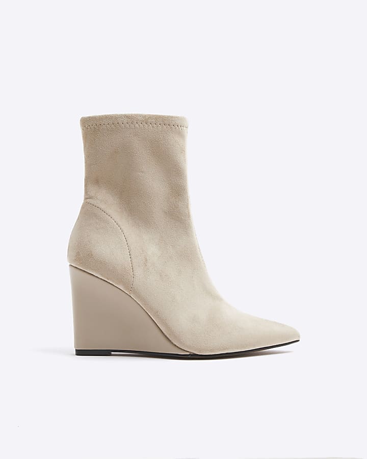 Beige suedette wedge heeled ankle boots