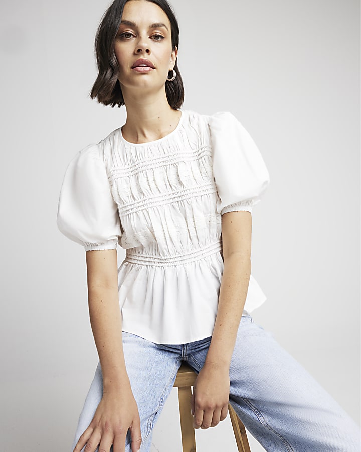 White ruched puff sleeve blouse