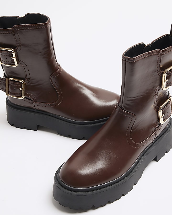 Brown Double Buckle Chunky Biker Boots