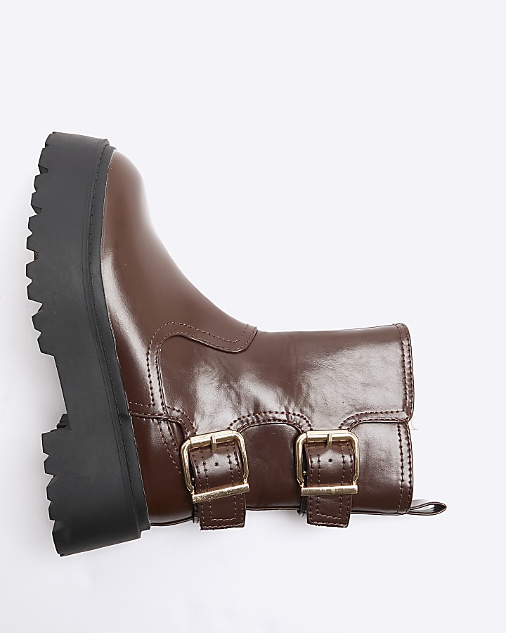 Brown Double Buckle Chunky Biker Boots