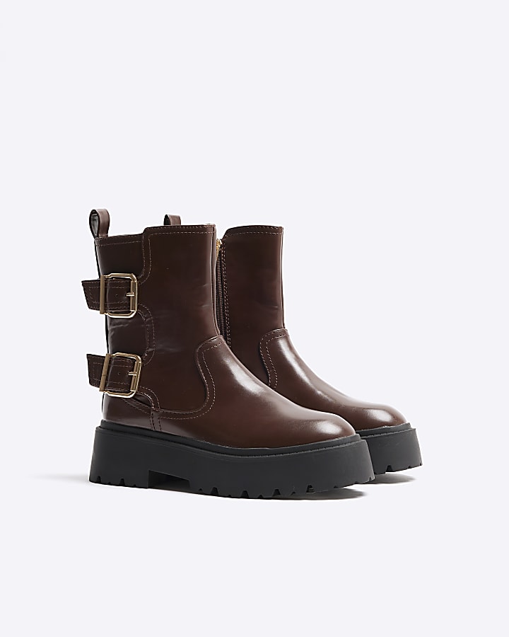 Brown Double Buckle Chunky Biker Boots