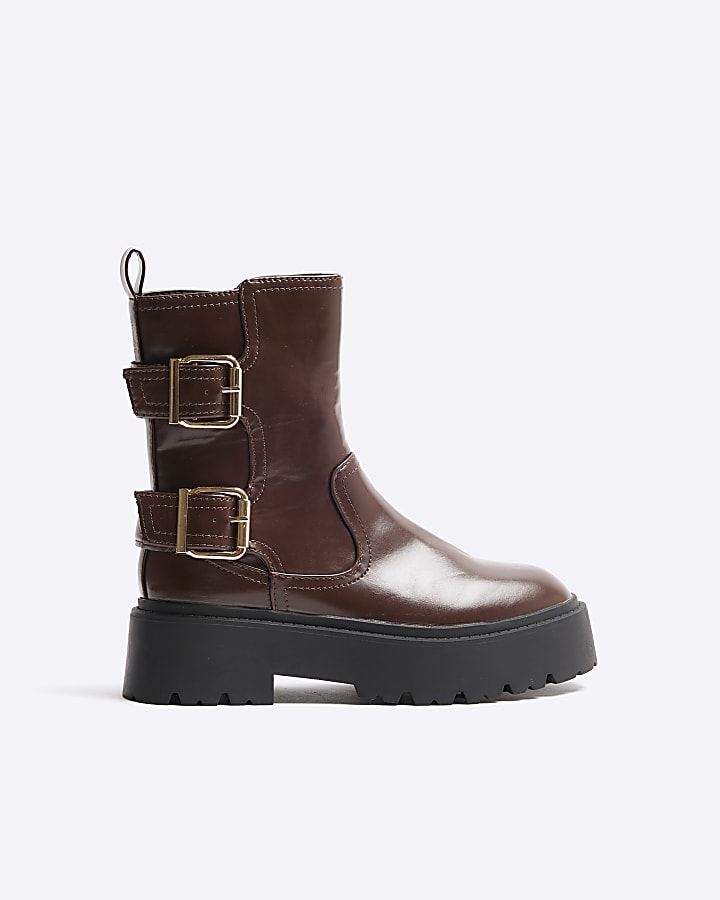 Brown Double Buckle Chunky Biker Boots